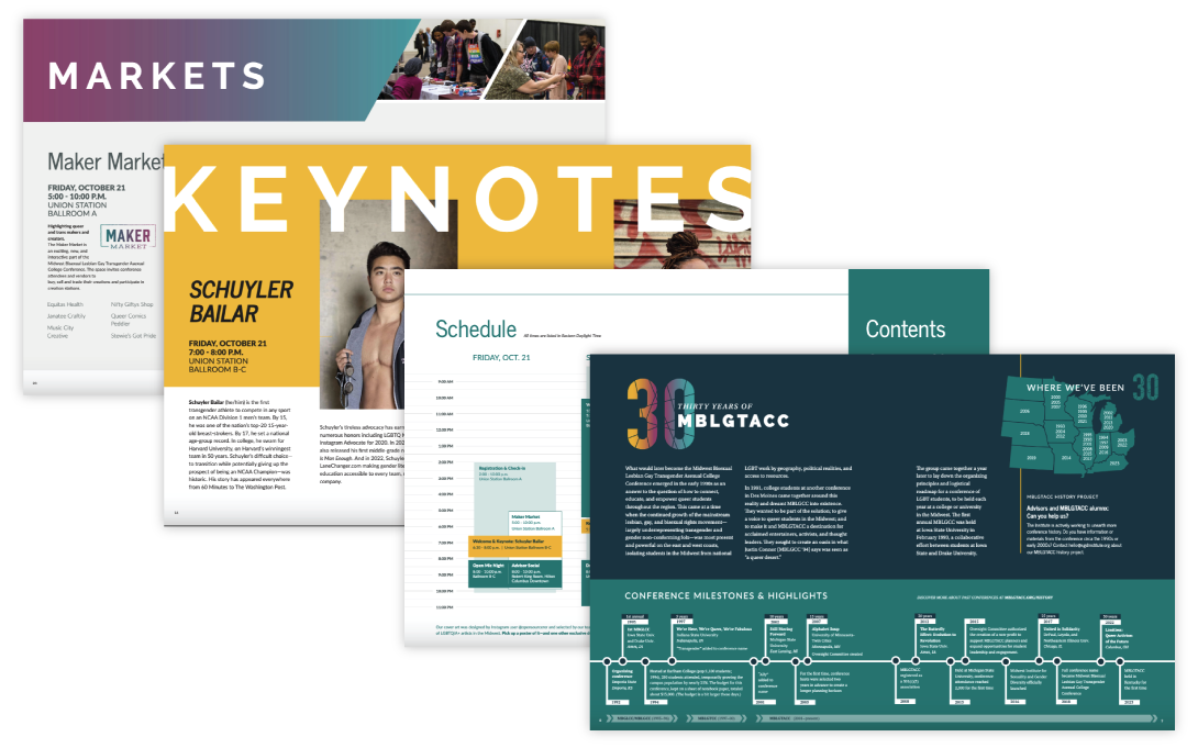 Sample program booklet spreads, including for our markets, keynotes, schedule, and historical overview